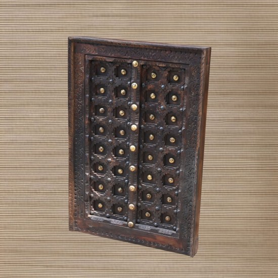 Wooden Window Wall Decor with Embossed Brass Art