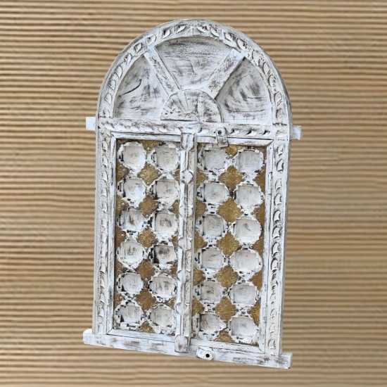 Distressed White Wooden Window Shaped Wall Piece