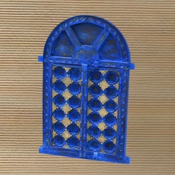 Distressed Blue Wooden Window Shaped Wall Piece