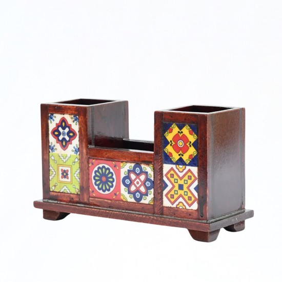 Classic Wooden Pencil Stand With Ceramic Tiles