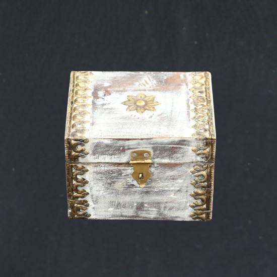 Elegant distressed white trinket box with brass hand work