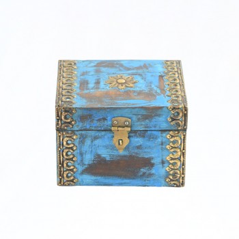 Elegant distressed blue trinket box with brass hand work