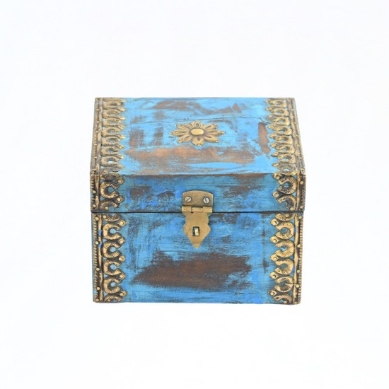 Elegant distressed blue trinket box with brass hand work