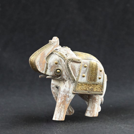 Distressed White Wooden Elephant Showpiece 6"