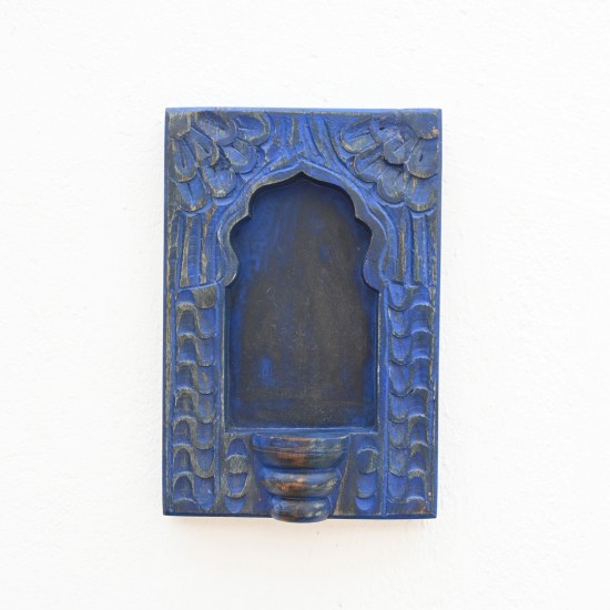 Blue Wooden Wall Jharokha Frame with Candle Holder