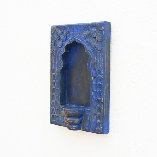 Blue Wooden Wall Jharokha Frame with Candle Holder