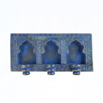 Blue Wooden Wall Jharokha Frame with 3 Candle Holder