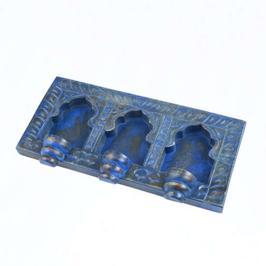 Blue Wooden Wall Jharokha Frame with 3 Candle Holder