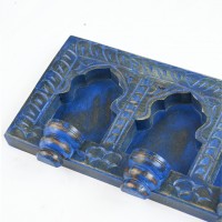 Blue Wooden Wall Jharokha Frame with 3 Candle Holder