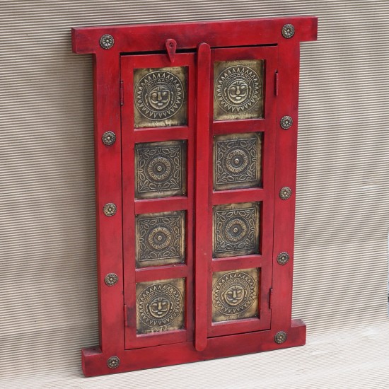 Wooden Decorative Window with brass art in Dark Red