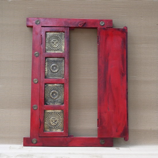 Wooden Decorative Window with brass art in Dark Red