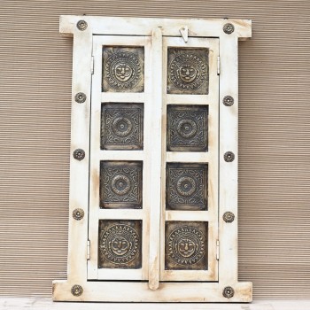 Wooden Decorative Window with brass art in off white