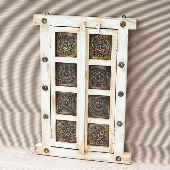 Wooden Decorative Window with brass art in off white