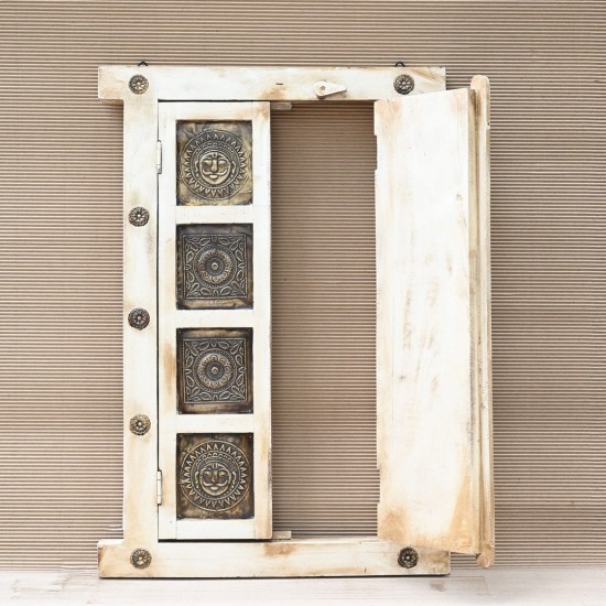 Wooden Decorative Window with brass art in off white