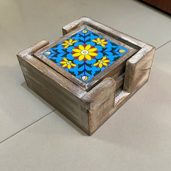 Distressed White Wooden Coasters with Tile Work