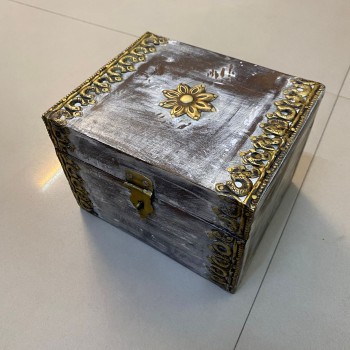 Elegant distressed white trinket box with brass hand work