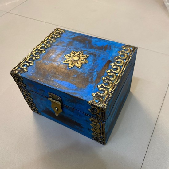 Elegant distressed blue trinket box with brass hand work