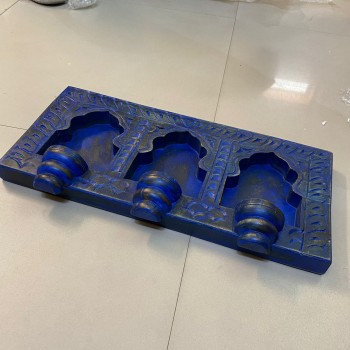 Blue Wooden Wall Jharokha Frame with 3 Candle Holder