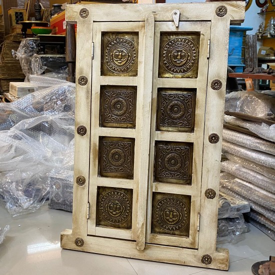 Wooden Decorative Window with brass art in off white