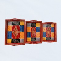 Hand painted multi-color wooden tray - Set of 3