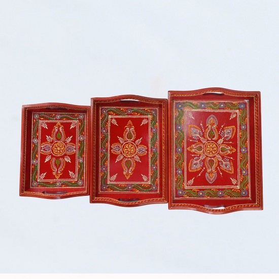 Hand painted Red-colored wooden tray - Set of 3