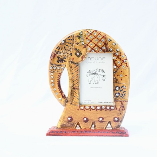 Wooden Elephant Photo Frame with Stand - Yellow/Orange 