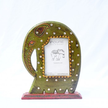 Wooden Elephant Photo Frame with Stand - Green/Red