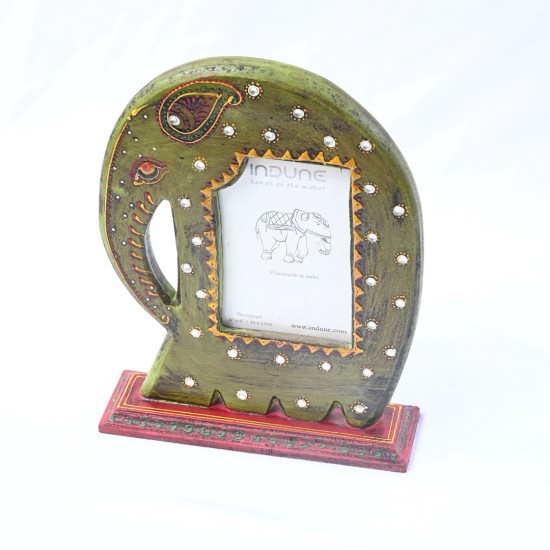 Wooden Elephant Photo Frame with Stand - Green/Red