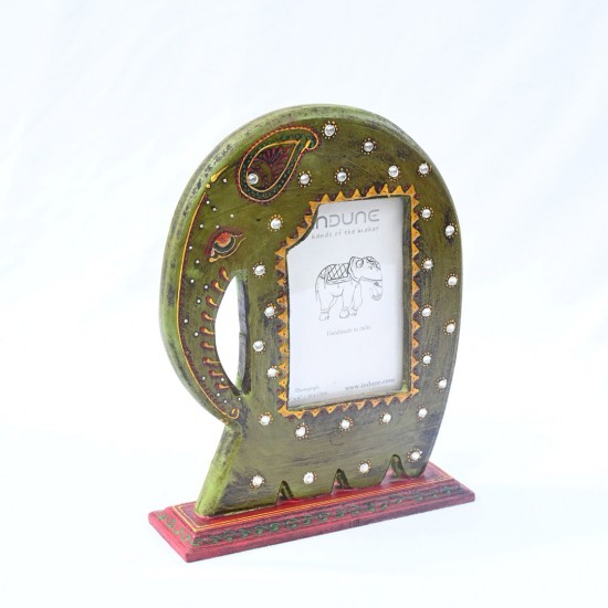 Wooden Elephant Photo Frame with Stand - Green/Red