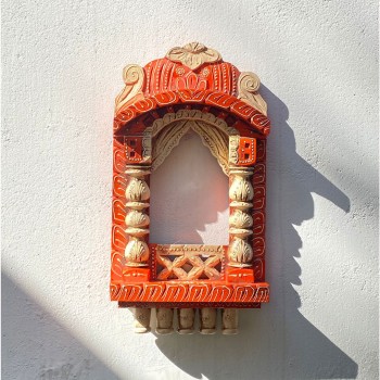 Traditional Painted Jharokha in Orange White Colour - 16 Inches