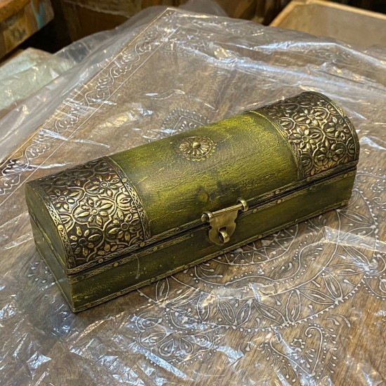 Green Wooden Trinket Box with Embossed Brass Work