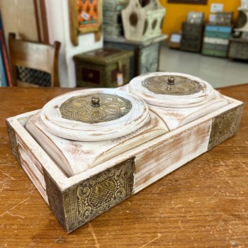 Distressed White Wooden Containers with Brass Work