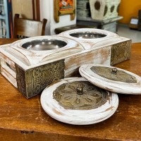 Distressed White Wooden Containers with Brass Work