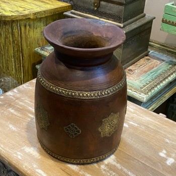 Timeless Wooden Vintage Pot with Brass Work 11" Inch