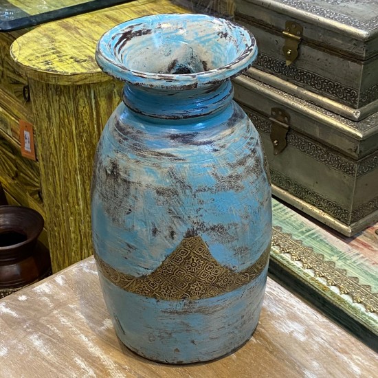 Timeless Wooden Blue Vintage Pot with Brass Work 13" Inch