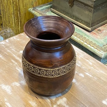 Timeless Wooden Vintage Pot with Brass Work 8 Inch