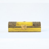 Yellow Wooden Trinket Box with Embossed Brass Work