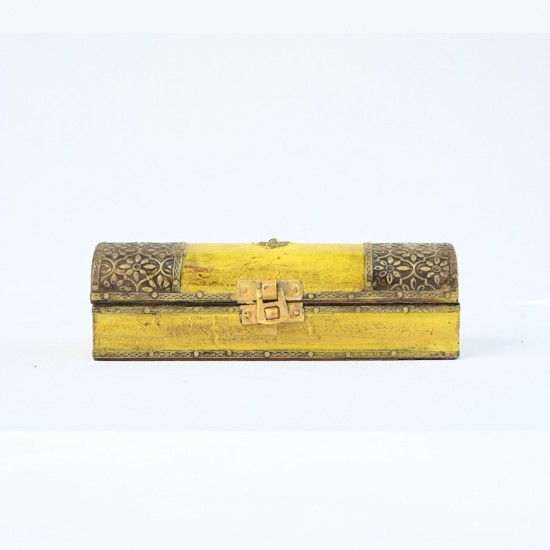 Yellow Wooden Trinket Box with Embossed Brass Work