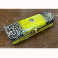 Yellow Wooden Trinket Box with Embossed Brass Work