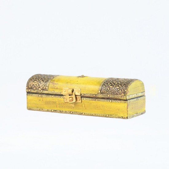 Yellow Wooden Trinket Box with Embossed Brass Work