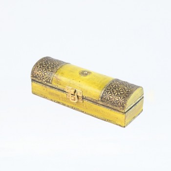 Yellow Wooden Trinket Box with Embossed Brass Work