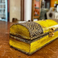 Yellow Wooden Trinket Box with Embossed Brass Work