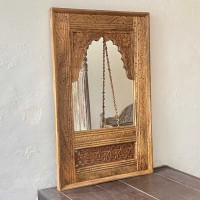 Wooden Floral Carving Arched Jharokha Mirror Frame Natural Polished