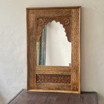 Wooden Floral Carving Arched Jharokha Mirror Frame Natural Polished