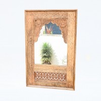 Wooden Floral Carving Arched Jharokha Mirror Frame Natural Polished