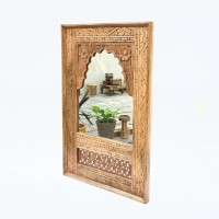 Wooden Floral Carving Arched Jharokha Mirror Frame Natural Polished