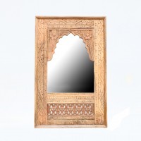 Wooden Floral Carving Arched Jharokha Mirror Frame Natural Polished