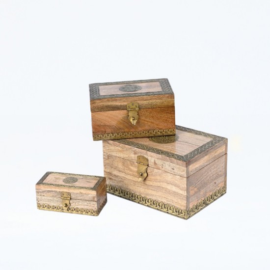 Wooden Box with Natural Polish and Brass Work - Large