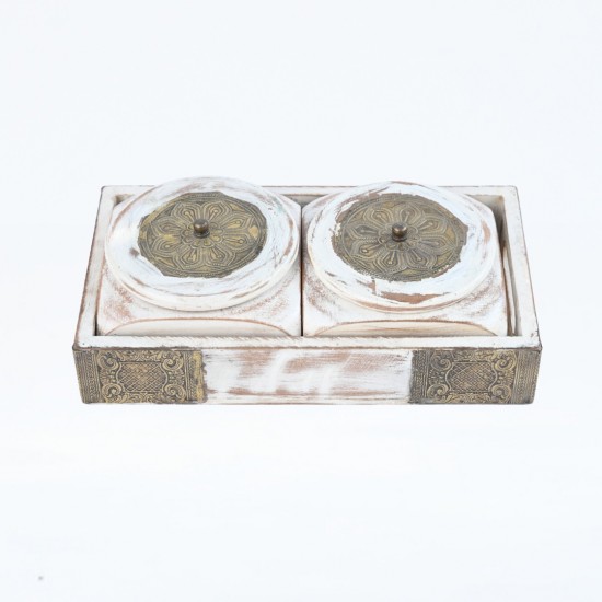 Distressed White Wooden Containers with Brass Work