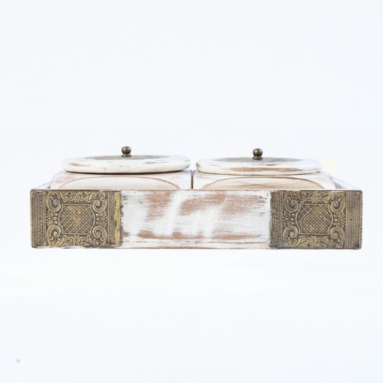 Distressed White Wooden Containers with Brass Work